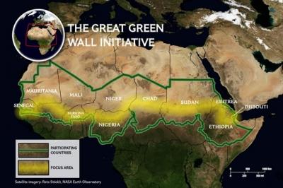 The Great Green Wall Initiative extends from East to West across the Sahel-Saharan region of Africa